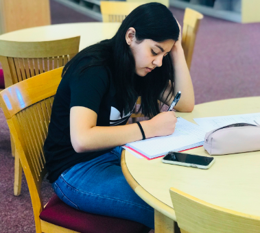 Eva Ledesma, an 11th grader at Segerstrom, diligently studies for her math class by solving problems in her notebook. 