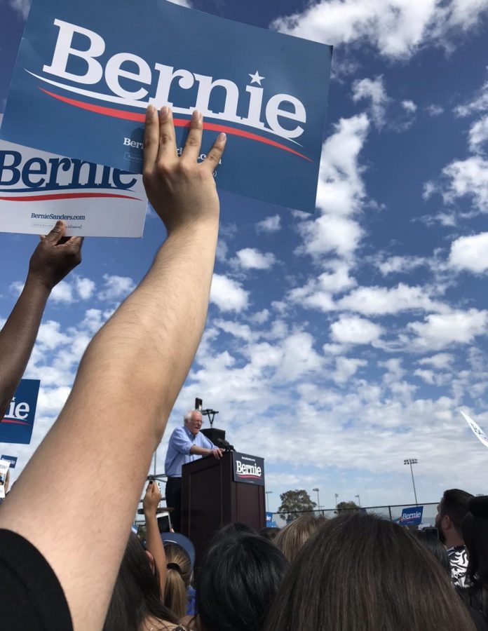 Bernie beginning his rally with thousands of people cheering him on at Valley High School.