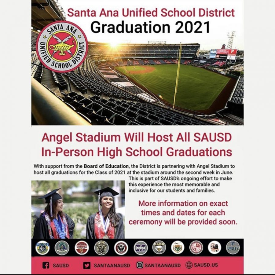 “SAUSD is partnering with @Angels Stadium to host all graduations for the Class of 2021 at the stadium around the second week of June. This is part of the ongoing effort to make this experience the most memorable and inclusive for our students and families”
Photo courtesy of Santa Ana Unified School District Instagram @santaanausd

