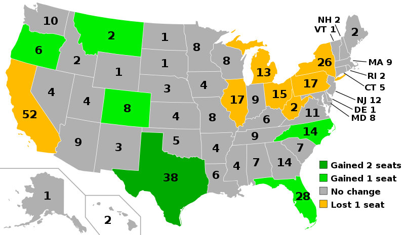 Photo Courtesy of: United States 2020 Census; Wikimedia Commons
Map of the United States labelling the reapportionment of congressional seats.
