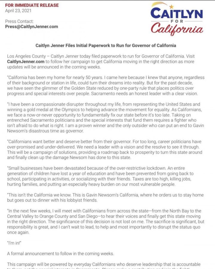 Photo Courtesy of; Caitlyn Jenner Instagram @caitylnjenner 
“I’m In! California is worth fighting for.” 
