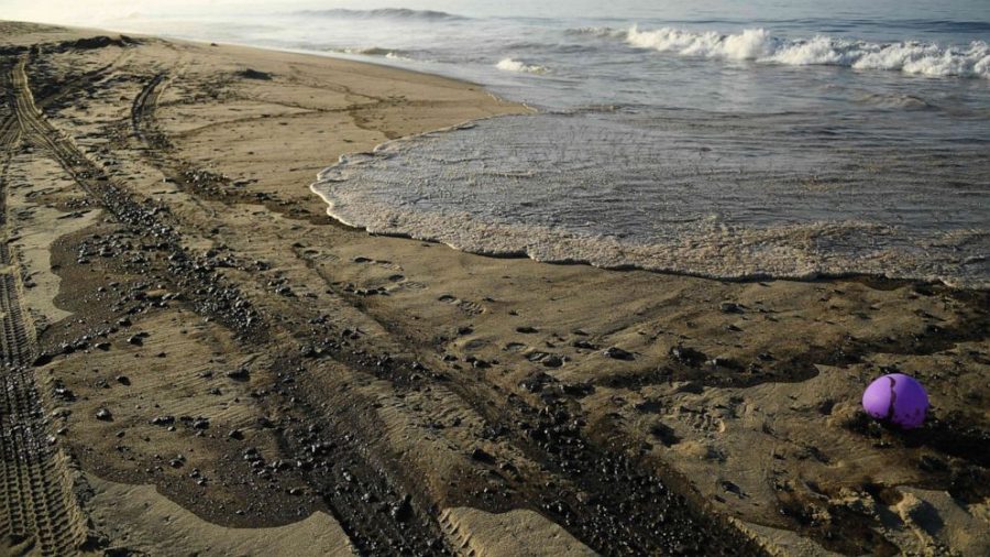 Oil washed up on Huntington Beach sand. (Image courtesy of Raul Roa, LA Times)