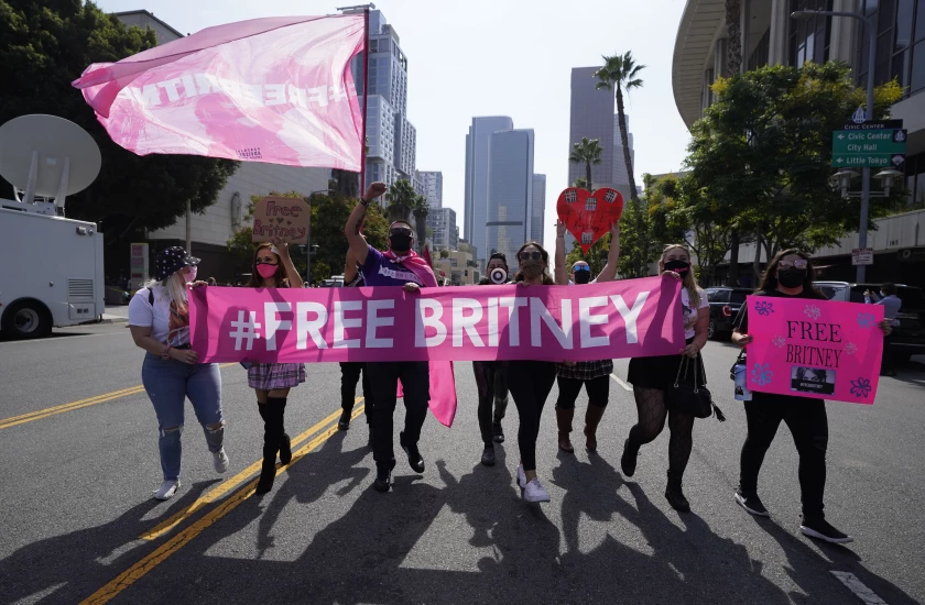 Fans march in support of Britney Spears outside the courthouse where the ruling took place. (Image courtesy of Chris Pizzello, Associated Press)