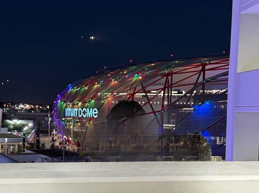 The Inuit Dome in Inglewood as seen from a nearby building on the night Mexican artist Peso Pluma performed at the arena for his Exodo tour.