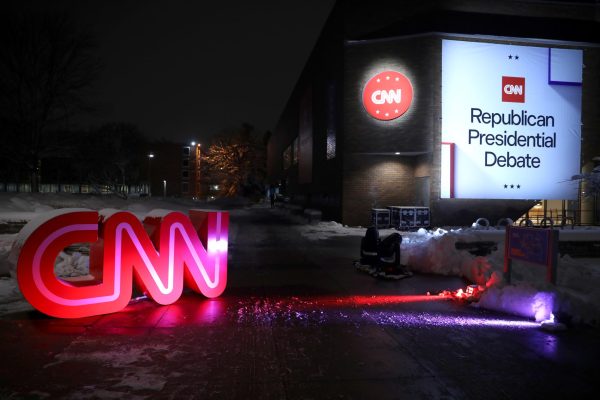 Pictured is the CNN Republican Presidential Debate, located at Drake University in Des Moines, Idaho. This event was done to decide who would become the Republican presidential candidate in the 2024 election. 