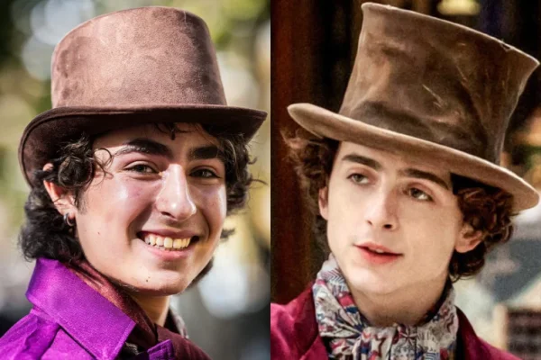 The winner of the Timothee Chalamet lookalike contest and the celebrity himself side by side. The champion of the contest took home a $50 prize. 