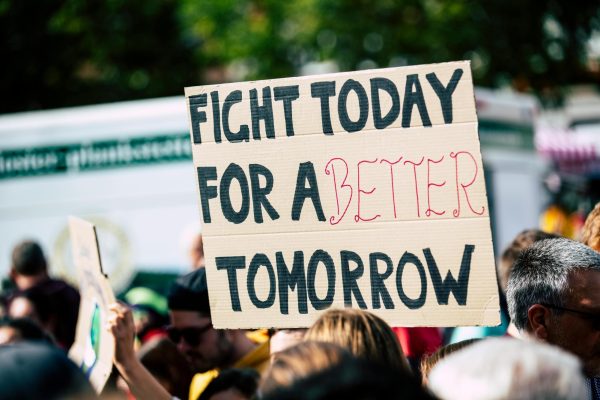 The Image highlights a protester's sign that fights for a better future. This directly relates to everyone's goal regarding the case despite their political views.