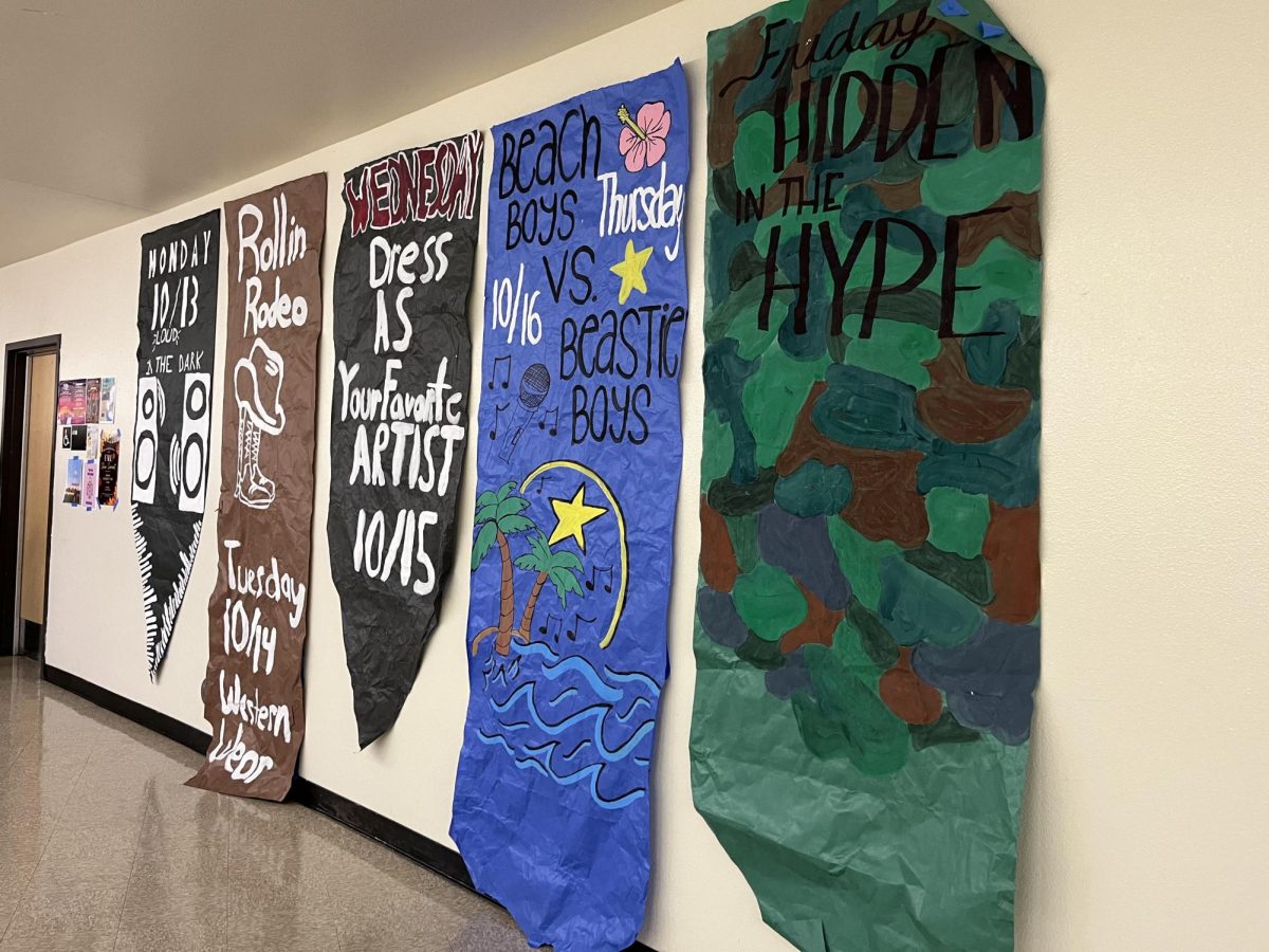 This image portrays posters showcasing the different spirit days of this week. This spirit week leads up to the Homecoming football game and dance. 