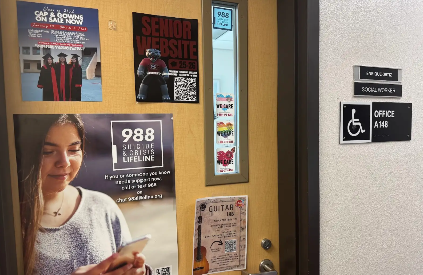 This image shows Mr. Ortiz's door, Segerstrom's social worker. He's accompanied by Mrs. Miller, the Education Related Mental Health Specialist, both apart of the school's extensive mental health services.