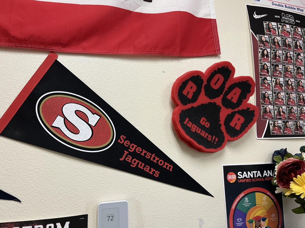 This image shows a some Segerstrom apparel on the wall of a classroom. As the 20th anniversary approaches, it's a highlight of Segerstrom pride. 