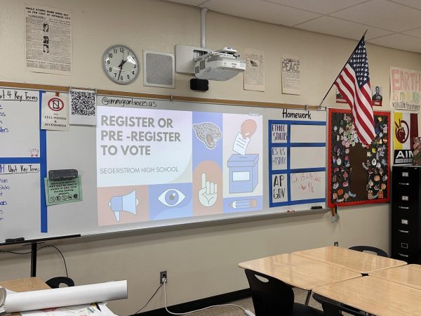 This image displays the Registration or Pre-registration to vote presentation that is being shown to Government and Economics classrooms. This highlights the direct actions that are being implemented on-campus to help students vote. 